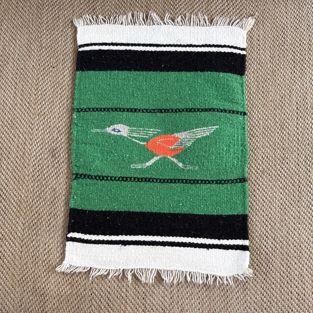 Vintage Southwestern Wool Rug Table Wall Hand Woven Bird Roadrunner